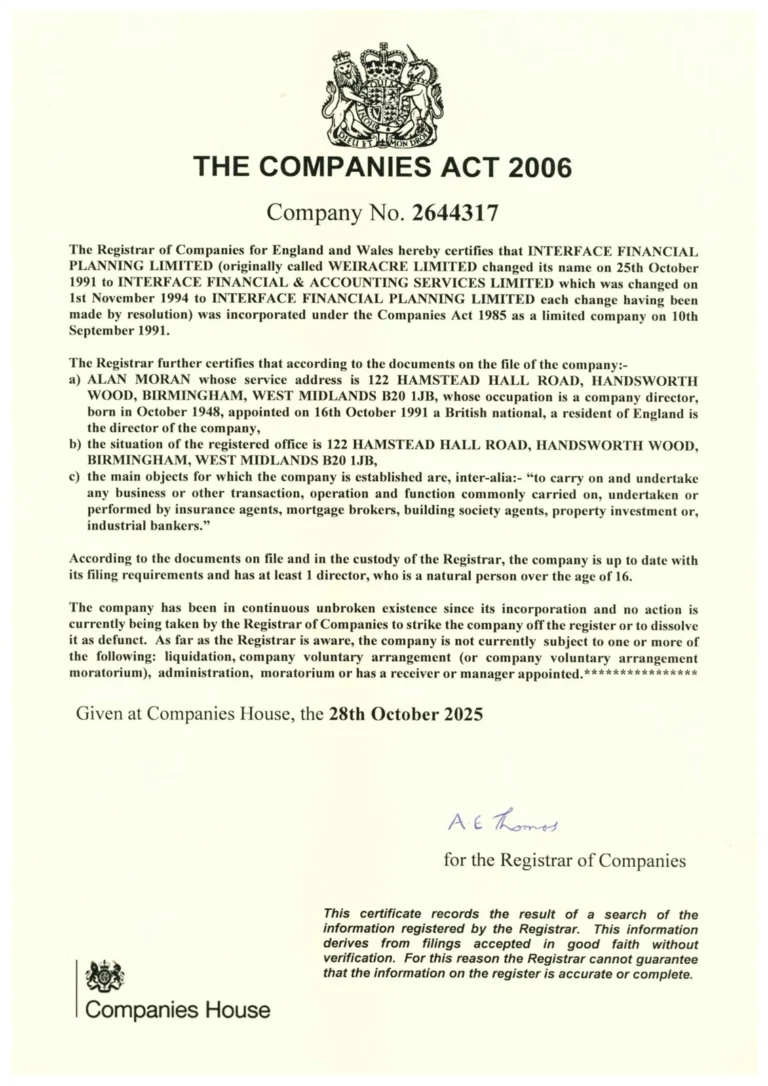Registered company since 1991 certificate awarded by Companies House, 2025