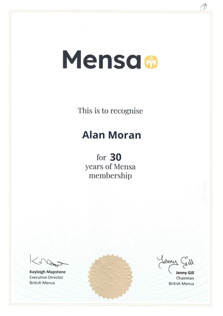 Member for 30 years certificate awarded by Mensa, 1996