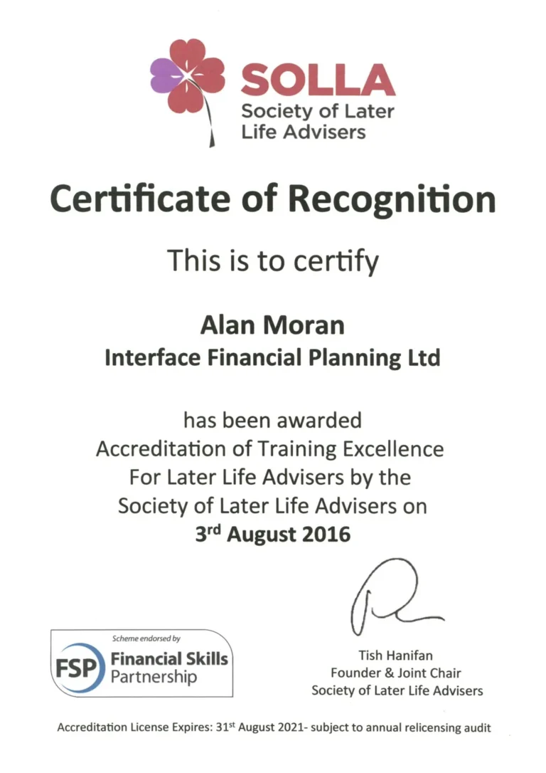 Accredited Later Life Adviser certificate awarded by Society of Later Life Advisers (SOLLA), 2016