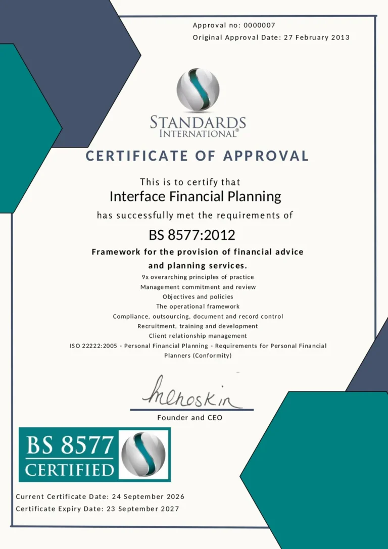 BS 8577 Financial Advice and Planning certificate awarded by Standards International, 2026