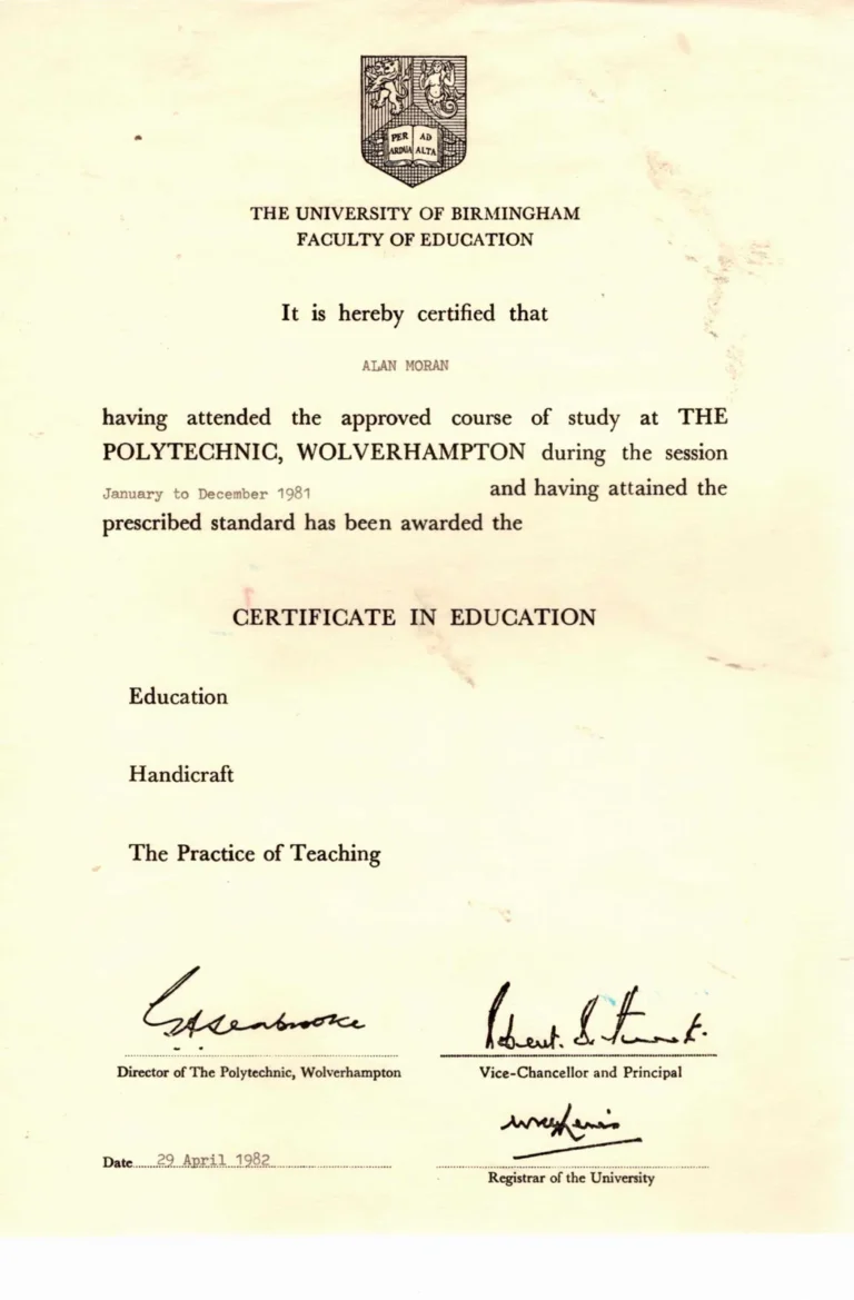 Certificate in Education certificate awarded by University of Birmingham, 1982