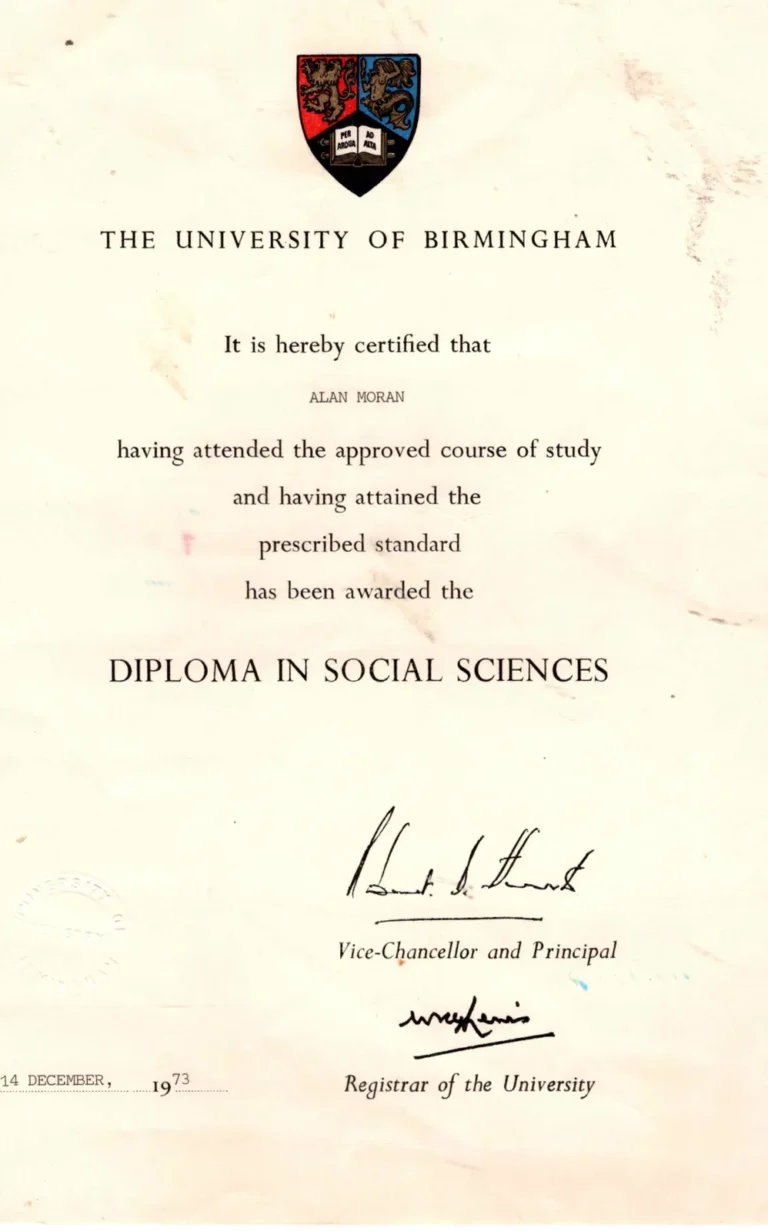 Diploma in Social Sciences certificate awarded by University of Birmingham, 1973