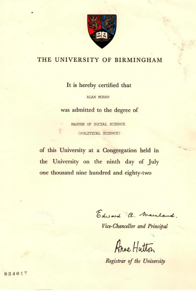 Master of Social Science (Political Science) certificate awarded by University of Birmingham, 1982
